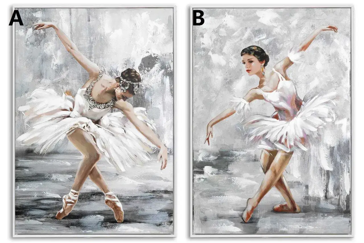 Dos cuadros de bailarinas en tut&uacute; blanco, capturadas en movimiento gr&aacute;cil sobre un fondo abstracto en tonos grises y blancos.
