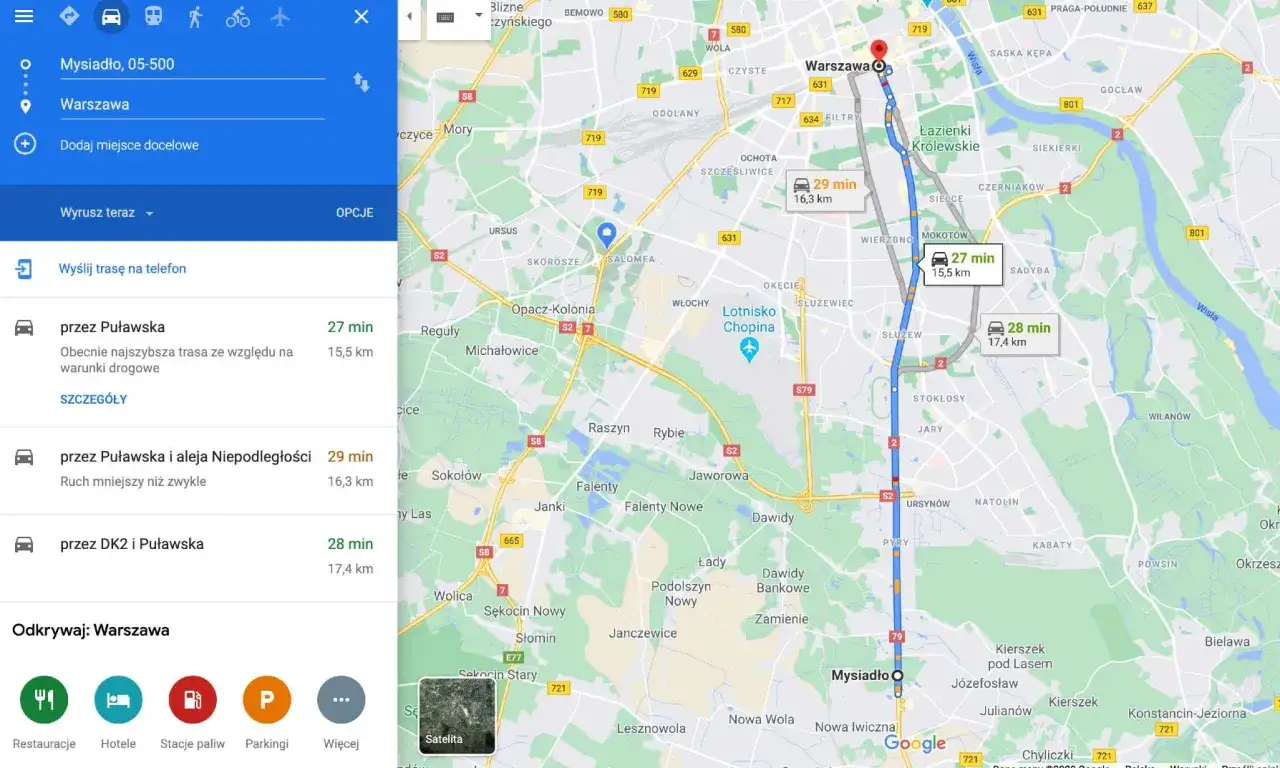 Trasa z Mysiadła do Warszawy zajmuje ok. 27-29 minut, pokonując 15,5-17,4 km. Ile można jechać poza terenem zabudowanym? Zależy od trasy i warunków.