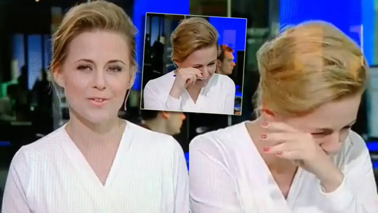 Marta Kłos z TVN Fakty wzruszona podczas relacji na żywo. W tle widać fragment studia.