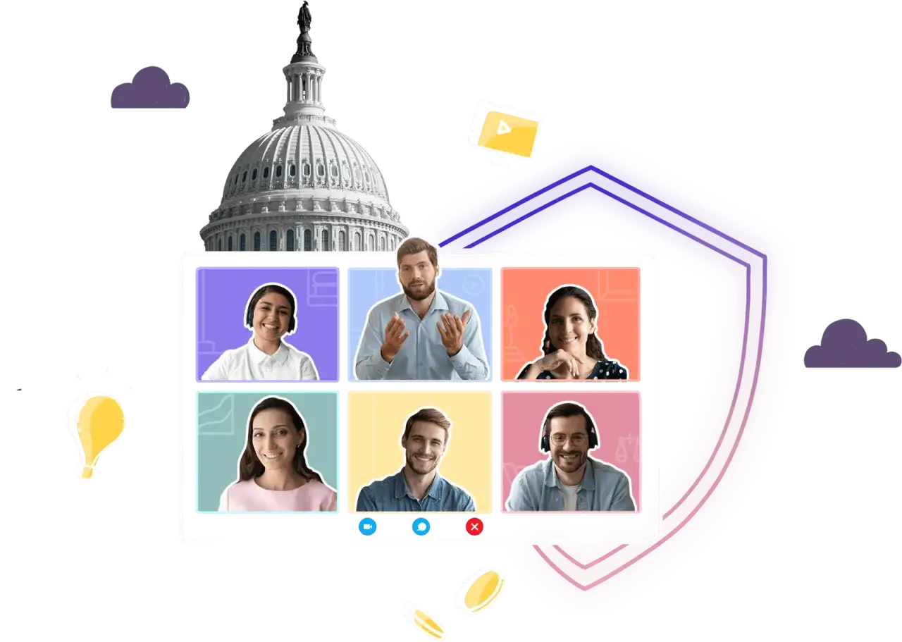 Virtual meeting with diverse professionals, including legal experts, discussing important matters. This image represents secure video conferencing for government initiatives.