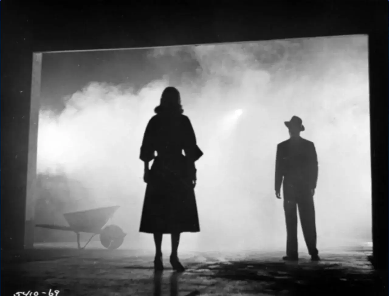 Kobieta i mężczyzna w kapeluszu stoją w dymie, jak w klasycznym **kino noir**. Tajemnicza scena.