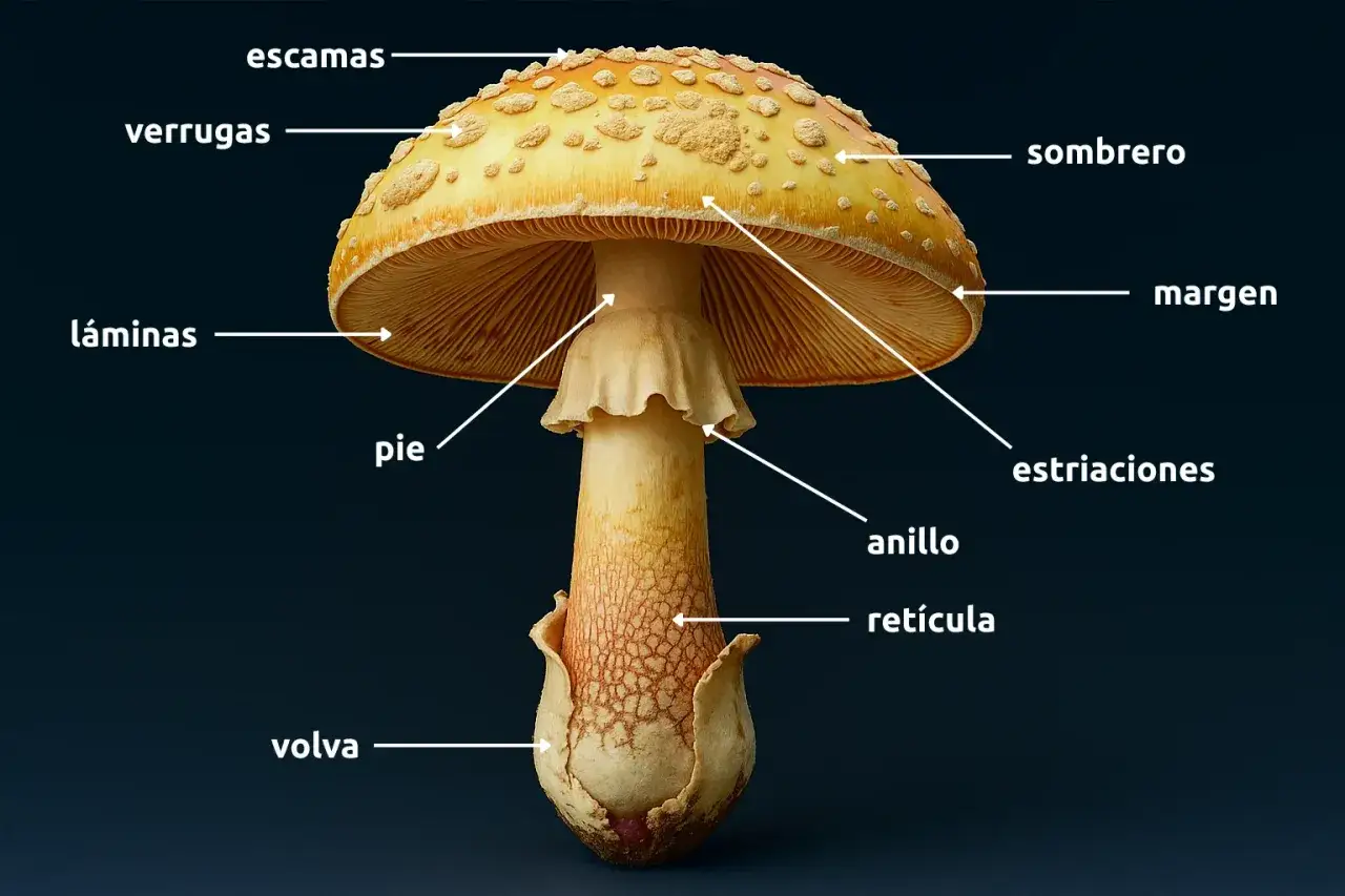 Anatom&iacute;a de un hongo con sombrero, escamas, verrugas, l&aacute;minas, pie, anillo, volva y ret&iacute;cula. Un ejemplo de los diversos tipos de setas.