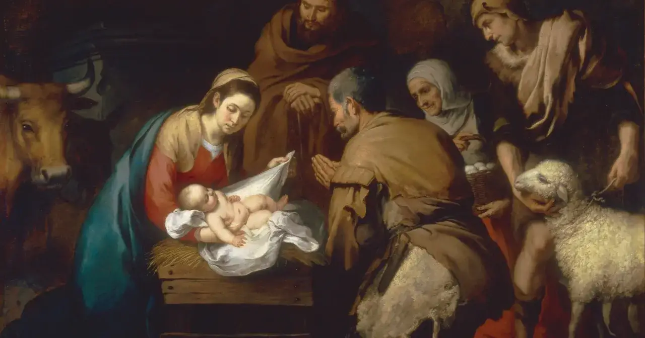 Scena narodzin Jezusa w stajni. Maryja tuli Dzieciątko, Józef klęczy w pokłonie. W tle wół, owca i ludzie przynoszący dary.