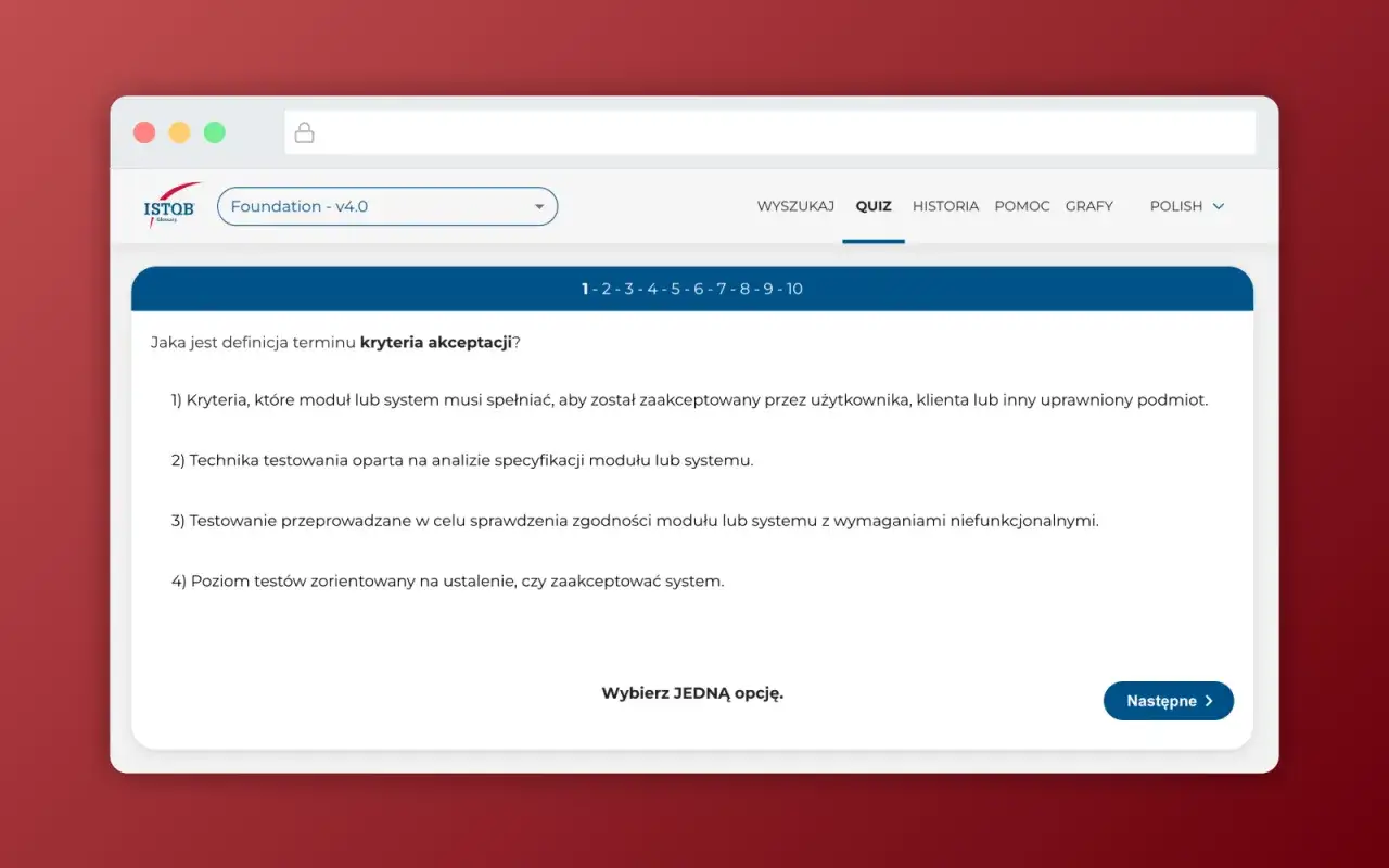 Quiz ISTQB Foundation: pytanie o definicję kryteri&oacute;w akceptacji. Wybierz poprawną odpowiedź.