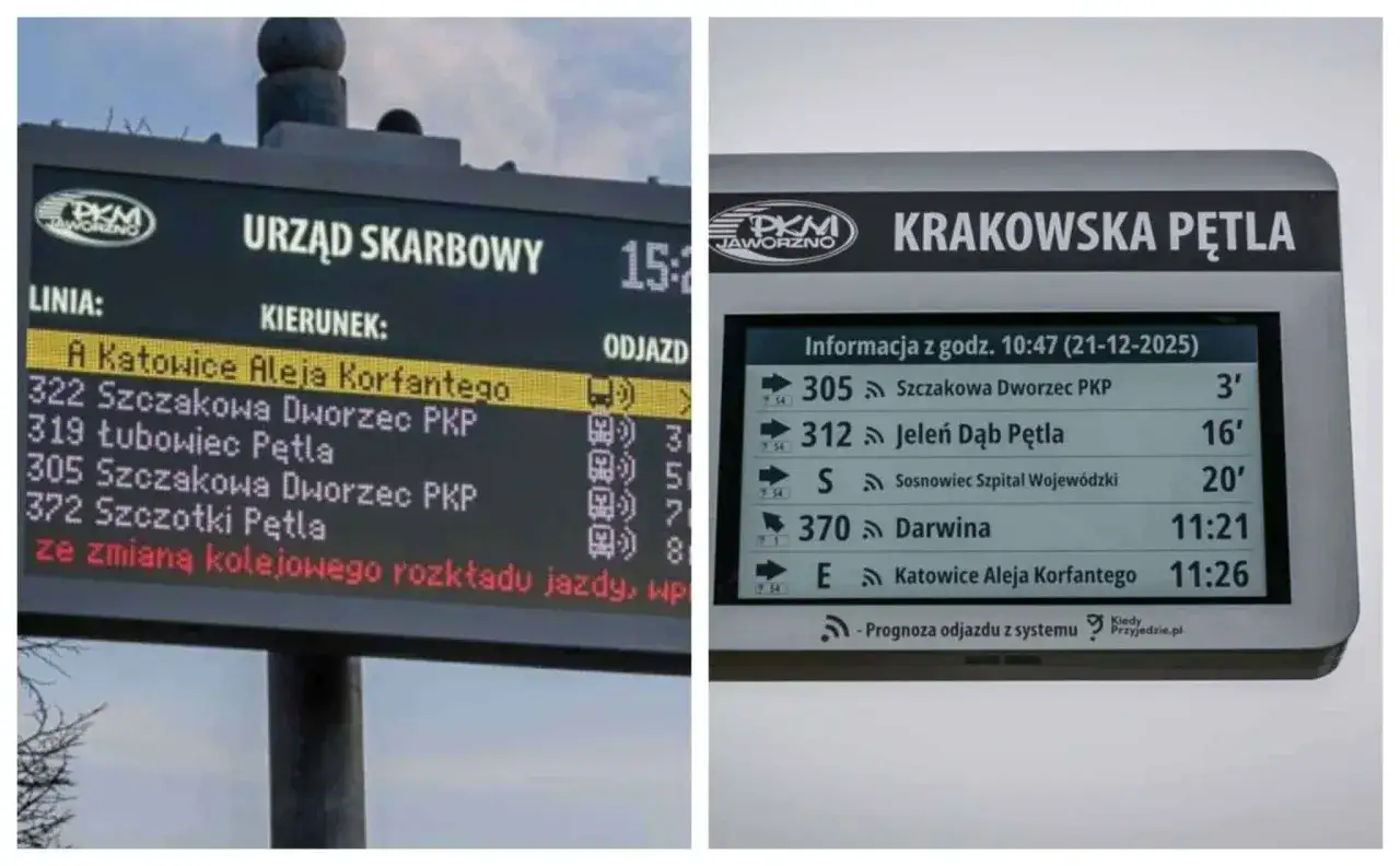 PKM Jaworzno rozkład jazdy autobusów: tablice informacyjne z kierunkami i godzinami odjazdów do Katowic i Krakowa.
