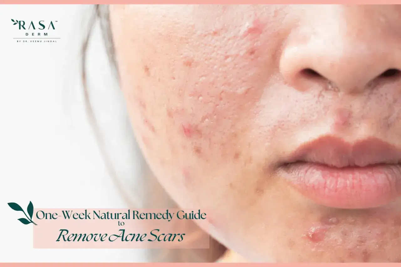 Primo piano del viso con cicatrici da acne. Guida naturale per rimuovere i buchi sul viso rimedi naturali.