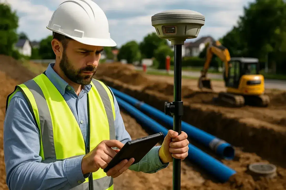 Geodeta z tabletem i odbiornikiem GPS dokumentuje studzienki na działce, co może być podstawą do ubiegania się o odszkodowanie za studzienki na działce.