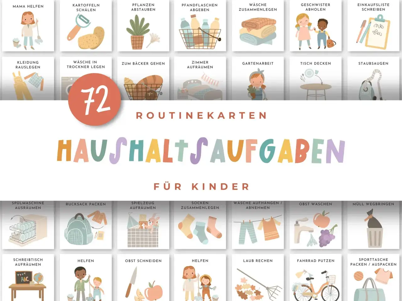 Bilder von Kindern, die im Haushalt helfen: W&auml;sche falten, Tisch decken, M&uuml;ll wegbringen und mehr.