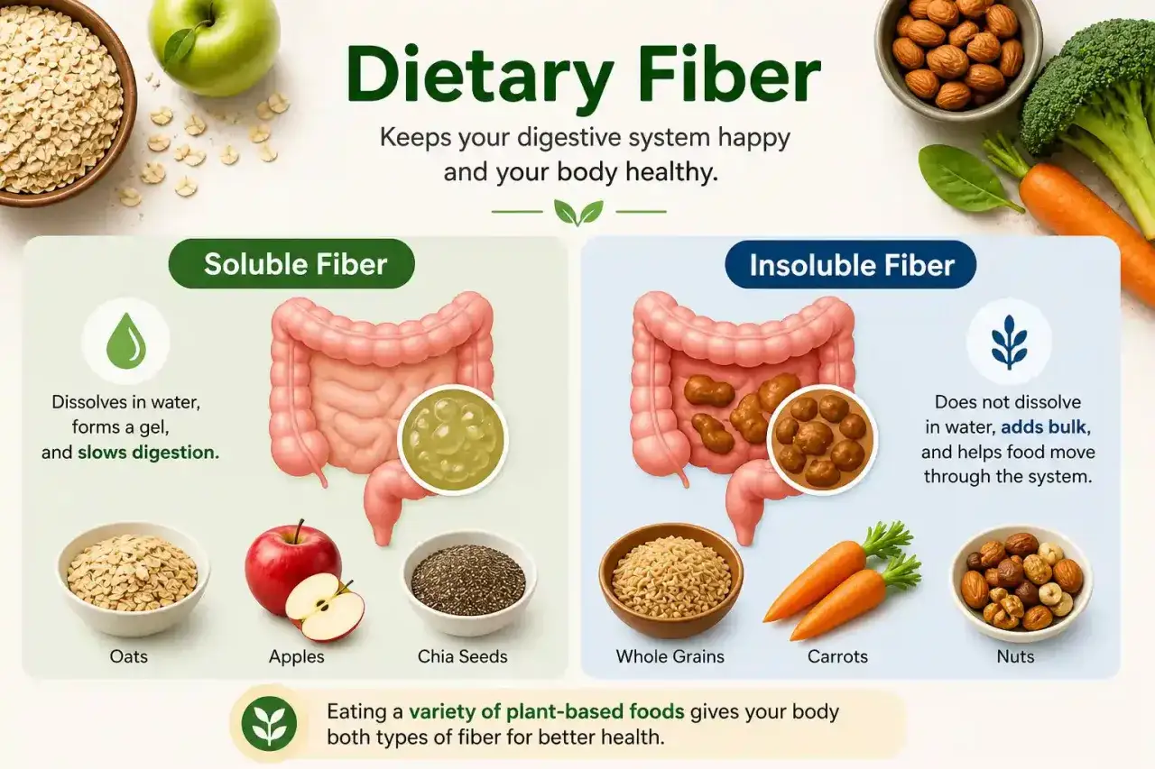Illustrazione che mostra intestino e cibi ricchi di fibre. Rimedi per intestino pigro: fibre solubili (avena, mele, semi di chia) e insolubili (cereali integrali, carote, noci).