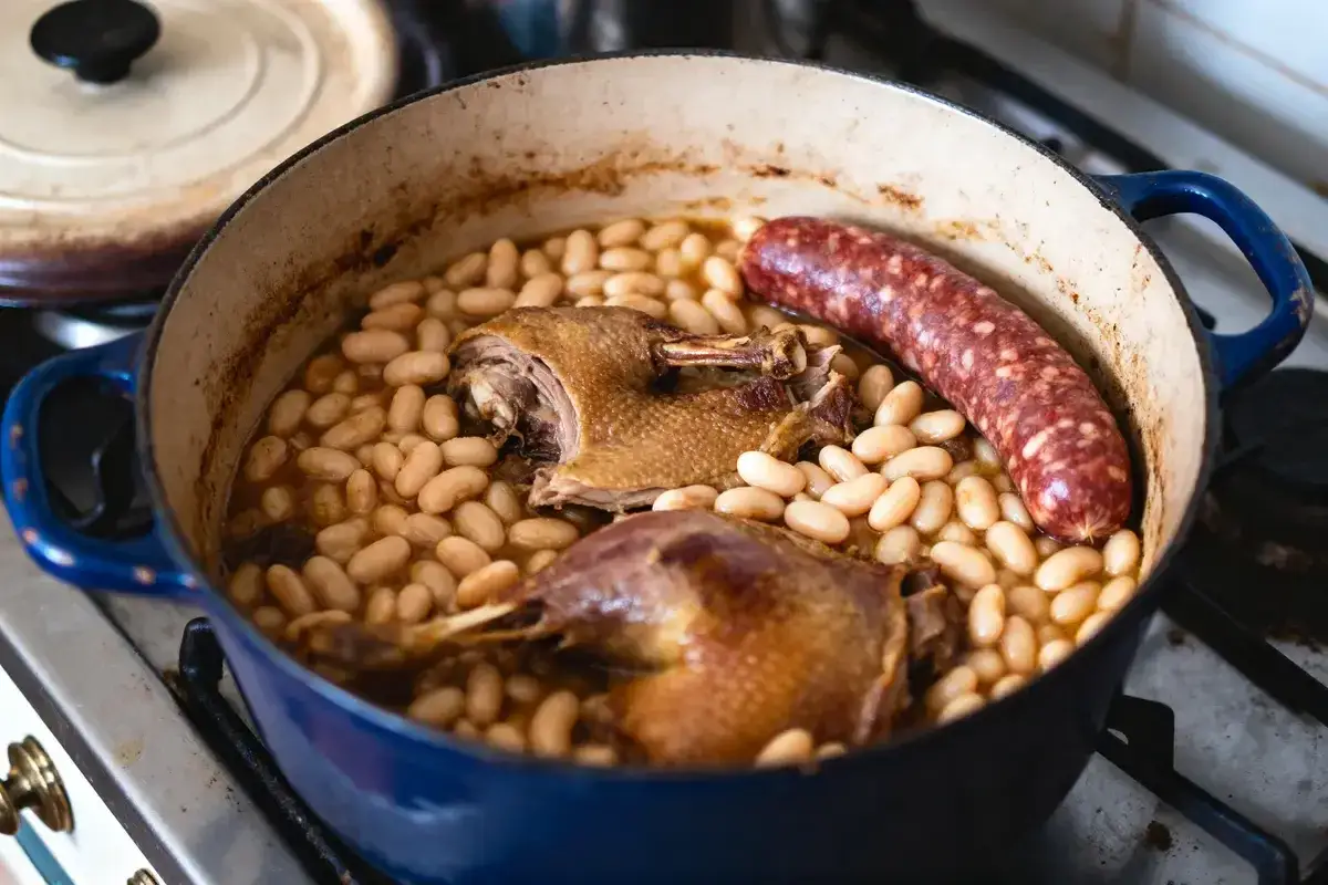 Un plat mijoté de cassoulet maison dans une cocotte bleue, avec des haricots blancs, des morceaux de canard confit et une saucisse.