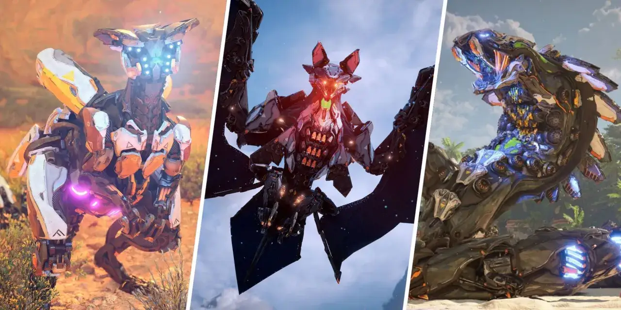 Drei mechanische Schrecken aus Horizon Forbidden West: ein vierbeiniger Jäger, ein geflügelter Jäger und eine Schlangenmaschine.