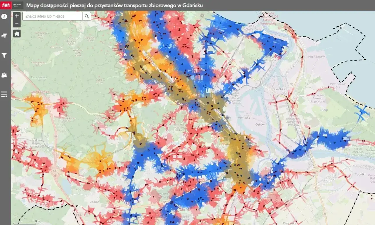 Mapa dostępności pieszej do przystanków transportu zbiorowego w Trójmieście. Kolory wskazują różne odległości, ułatwiając planowanie podróży z biletem metropolitalnym.