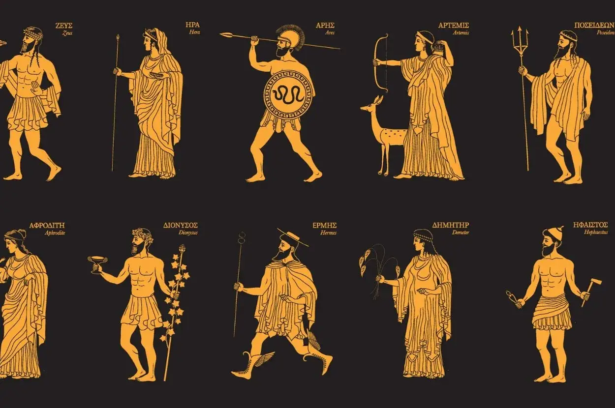 Zastanawiasz się, jakim bogiem greckim jesteś? Na ilustracji widzimy Zeusa, Herę, Aresa, Artemidę, Posejdona, Afrodyę, Dionizosa, Hermesa, Demeter i Hefajstosa.