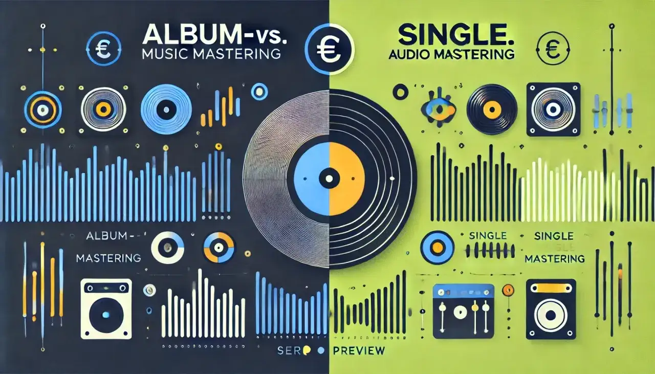 Album vs. Single mastering: co to jest? Grafika porównuje procesy masteringu albumu i singla, pokazując wizualizacje dźwięku i sprzęt.