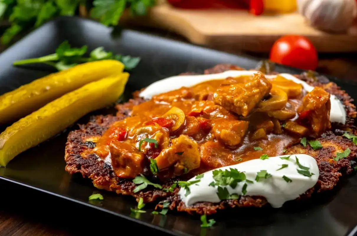 Placki ziemniaczane z gulaszem i kwaśną śmietaną, podane z ogórkami kiszonymi. Idealne połączenie smaków, gdy zastanawiasz się, placki ziemniaczane z czym podawać.