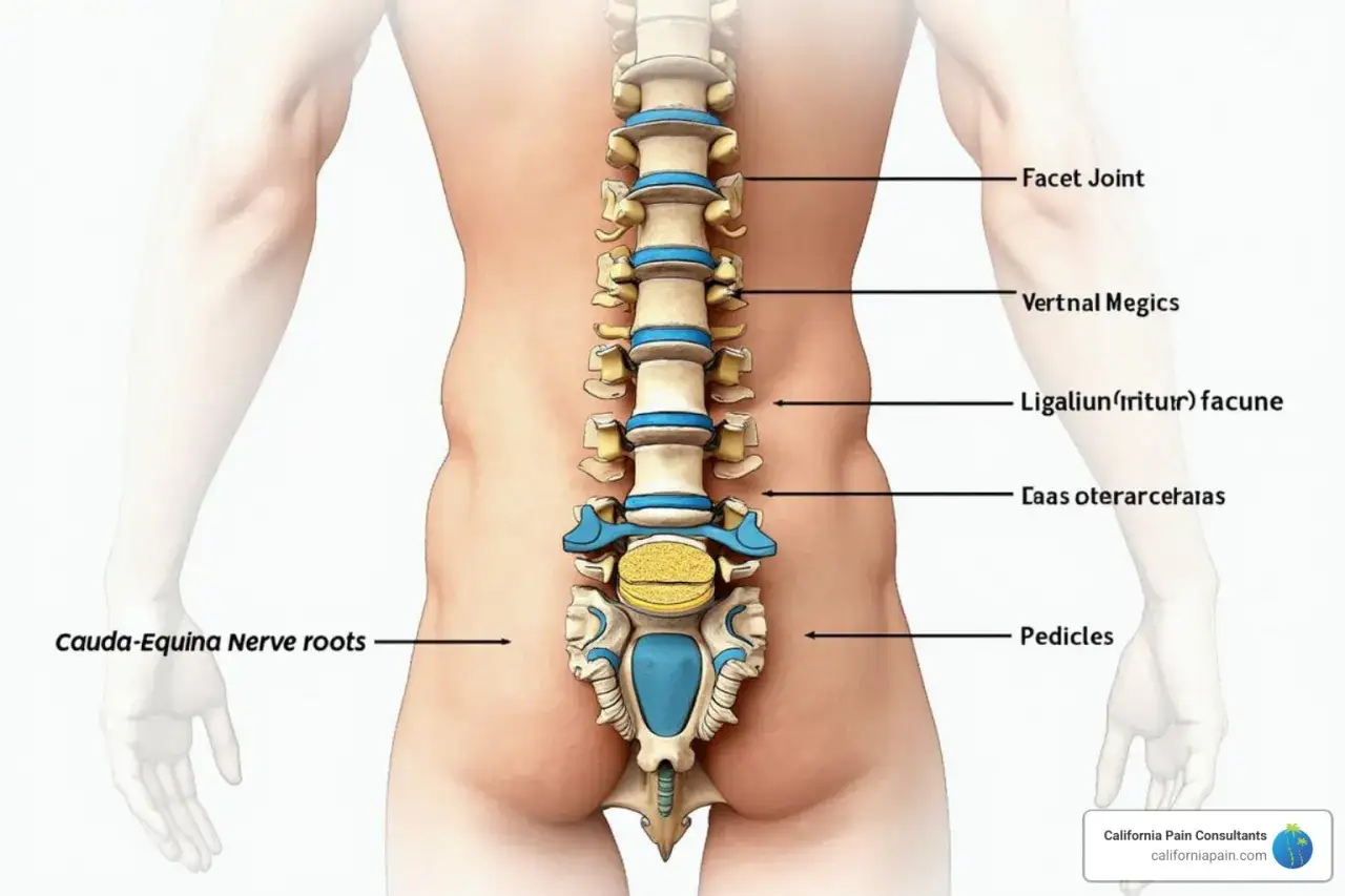 Anatomia kręgosłupa lędźwiowego z zaznaczonymi strukturami, w tym korzeniami nerwowymi ogona końskiego.