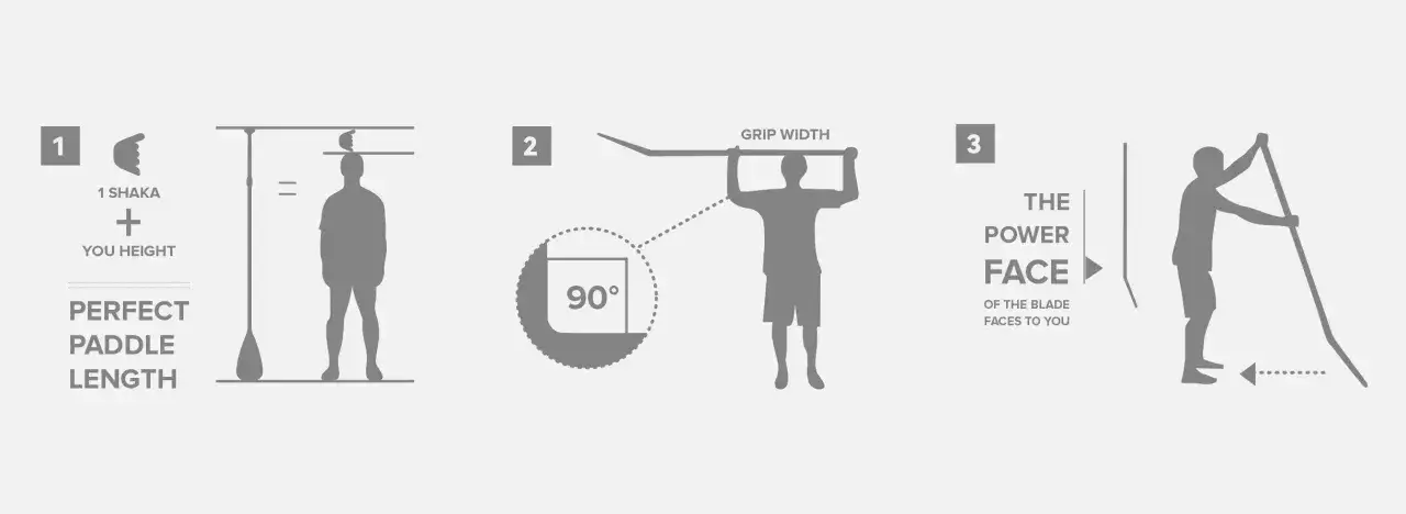 So stellst du dein SUP Paddel ein: Körpergröße + 1 Shaka für perfekte Länge. Griffbreite und 90° Winkel sind wichtig. Die Power Face zeigt zu dir.