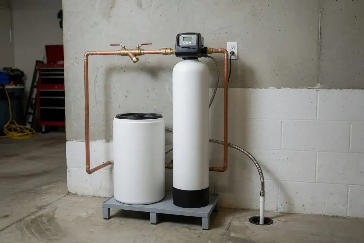 Syst&egrave;me d'adoucisseur d'eau avec deux r&eacute;servoirs blancs et tuyauterie en cuivre. Installation domestique, peut-&ecirc;tre pour &eacute;viter les effets secondaires de l'eau dure.