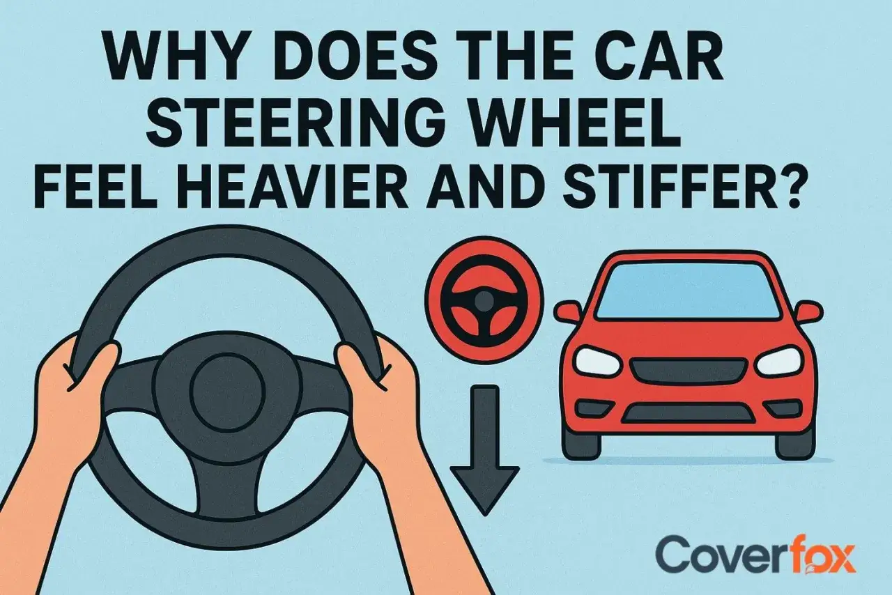 Manos sujetan volante, un coche rojo y un icono de volante con flecha. ¿Por qué la dirección coche dura?