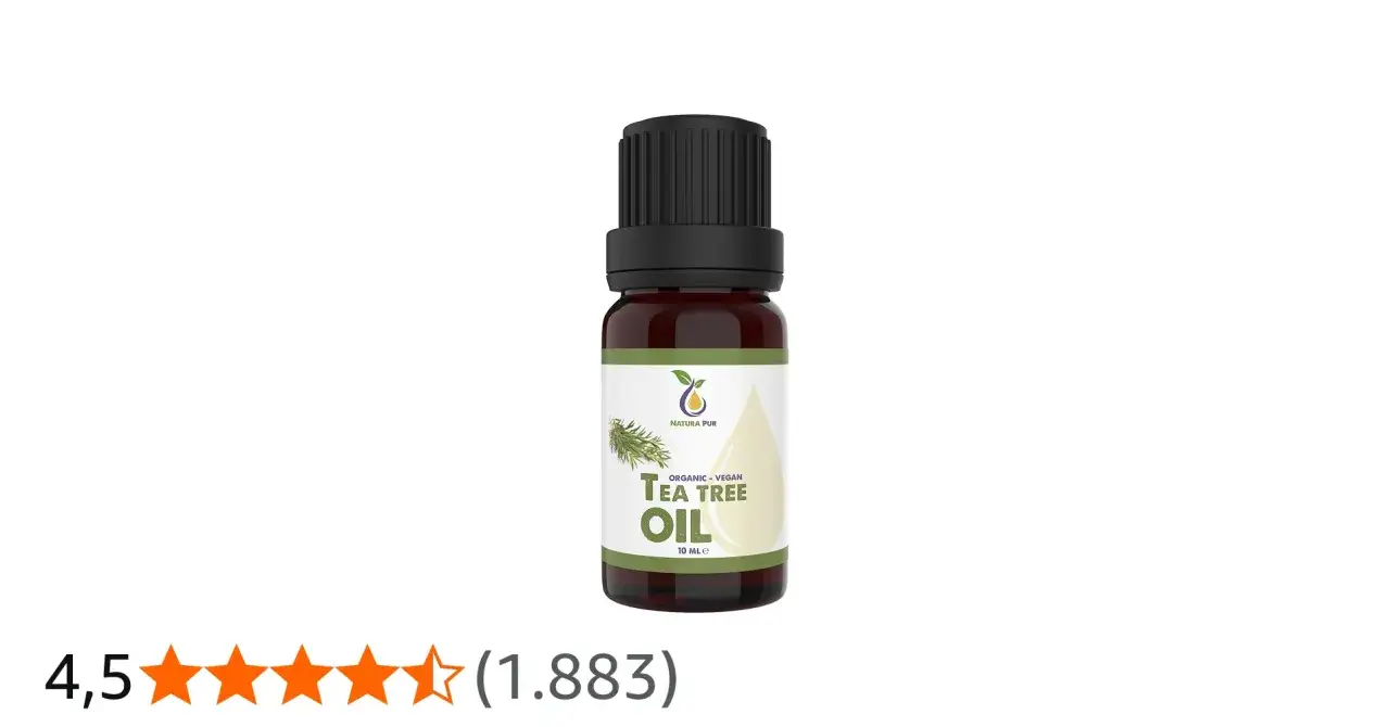 Flacone di tea tree oil, ideale per combattere le macchie del viso. Prodotto biologico e vegano.