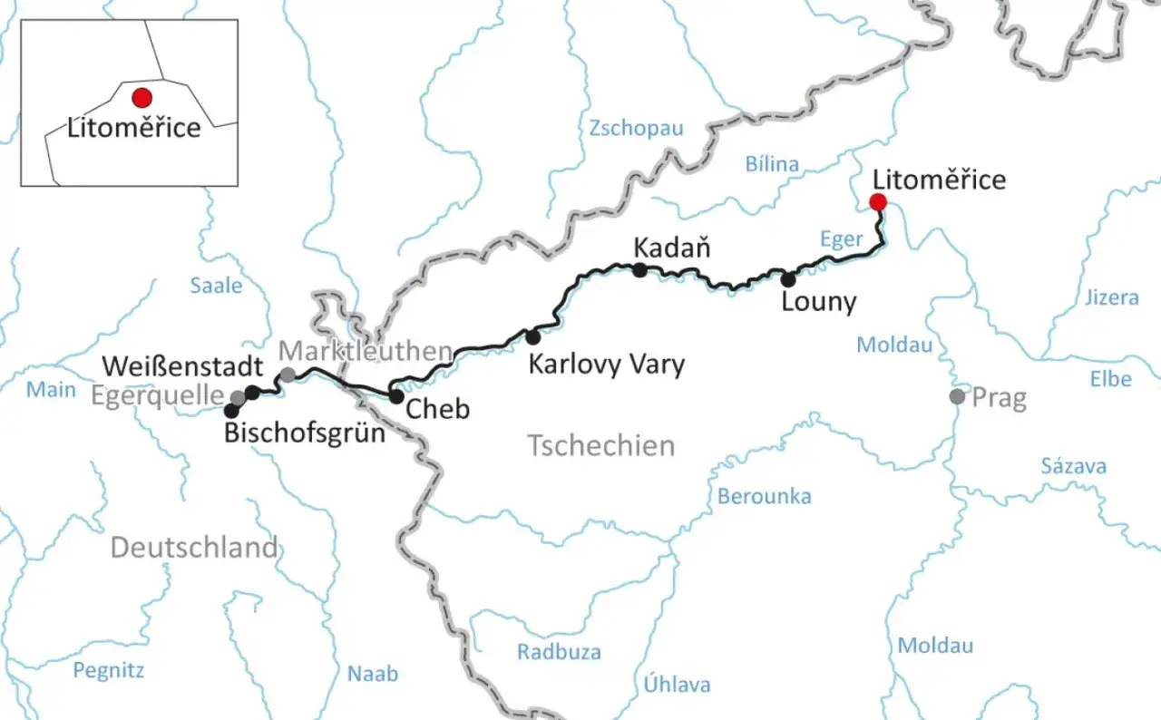Karte zeigt den Eger Radweg von Wei&szlig;enstadt &uuml;ber Karlsbad nach Litoměřice.
