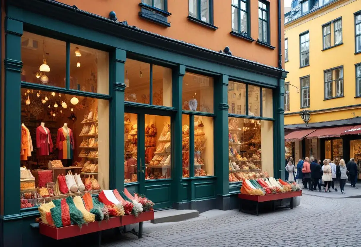 Färgglad butik med varor utställda på en shoppinggata i Stockholm.