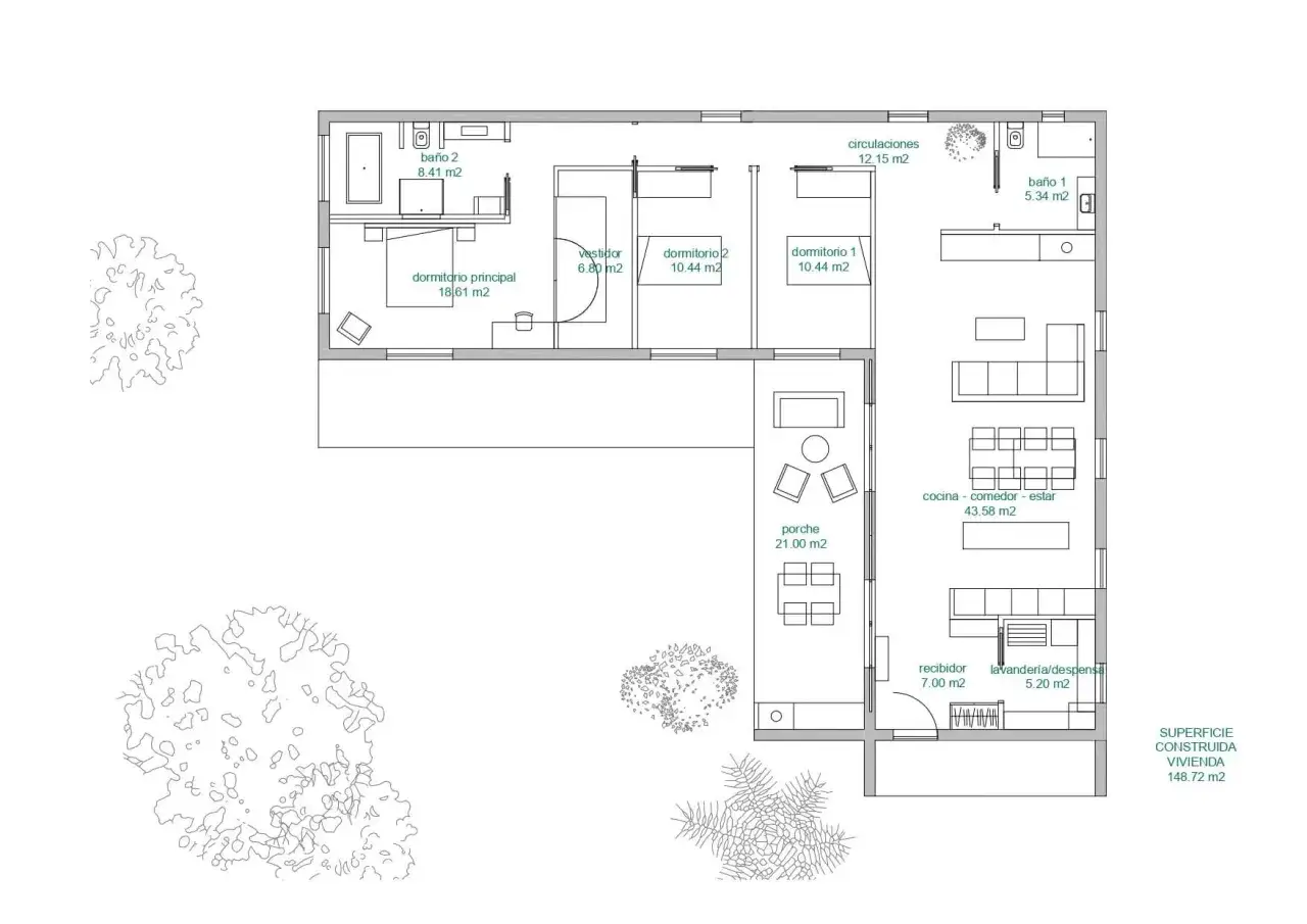 Plano de casa de 150m2 en una planta con garaje, distribuyendo salón-comedor, cocina, 3 dormitorios, 2 baños y porche.