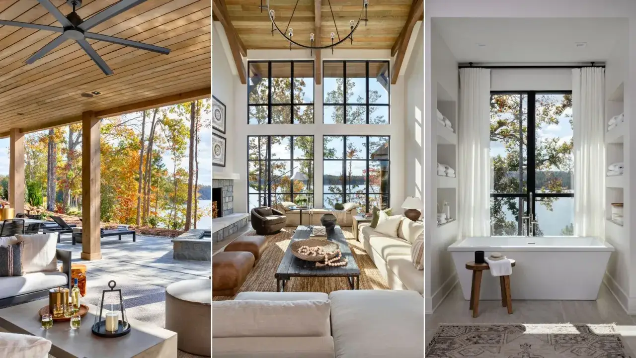 Cozy lakehouse interior design featuring a covered patio, a grand living room with a stone fireplace and large windows, and a serene bathroom with a soaking tub overlooking the water.