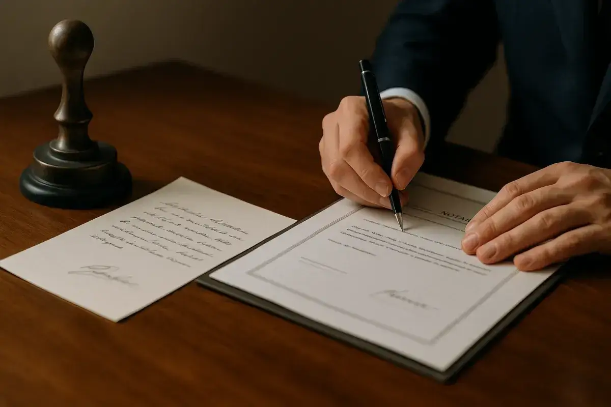 Dłoń pisze piórem na dokumencie. Zastanawiasz się, ile kosztuje testament notarialny?