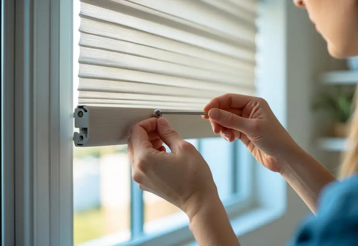 Hands attaching a screw to the bracket of a new window blind, demonstrating how to install blinds.