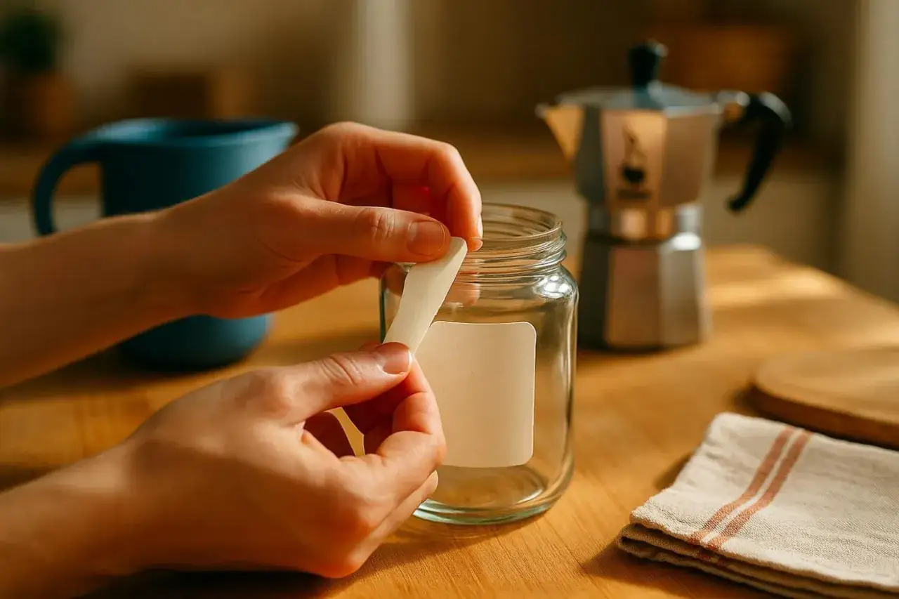 Maintenant, comment enlever de la colle d'une &eacute;tiquette sur un bocal en verre. Des mains retirent d&eacute;licatement une &eacute;tiquette d'un bocal.