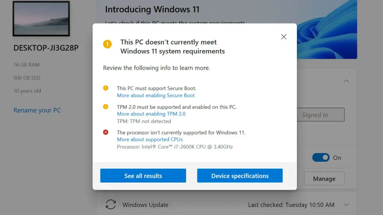 Komunikat o niespełnieniu **windows 11 wymagania**: brak Secure Boot, TPM 2.0 i nieobsługiwany procesor Intel Core i7-2600K.