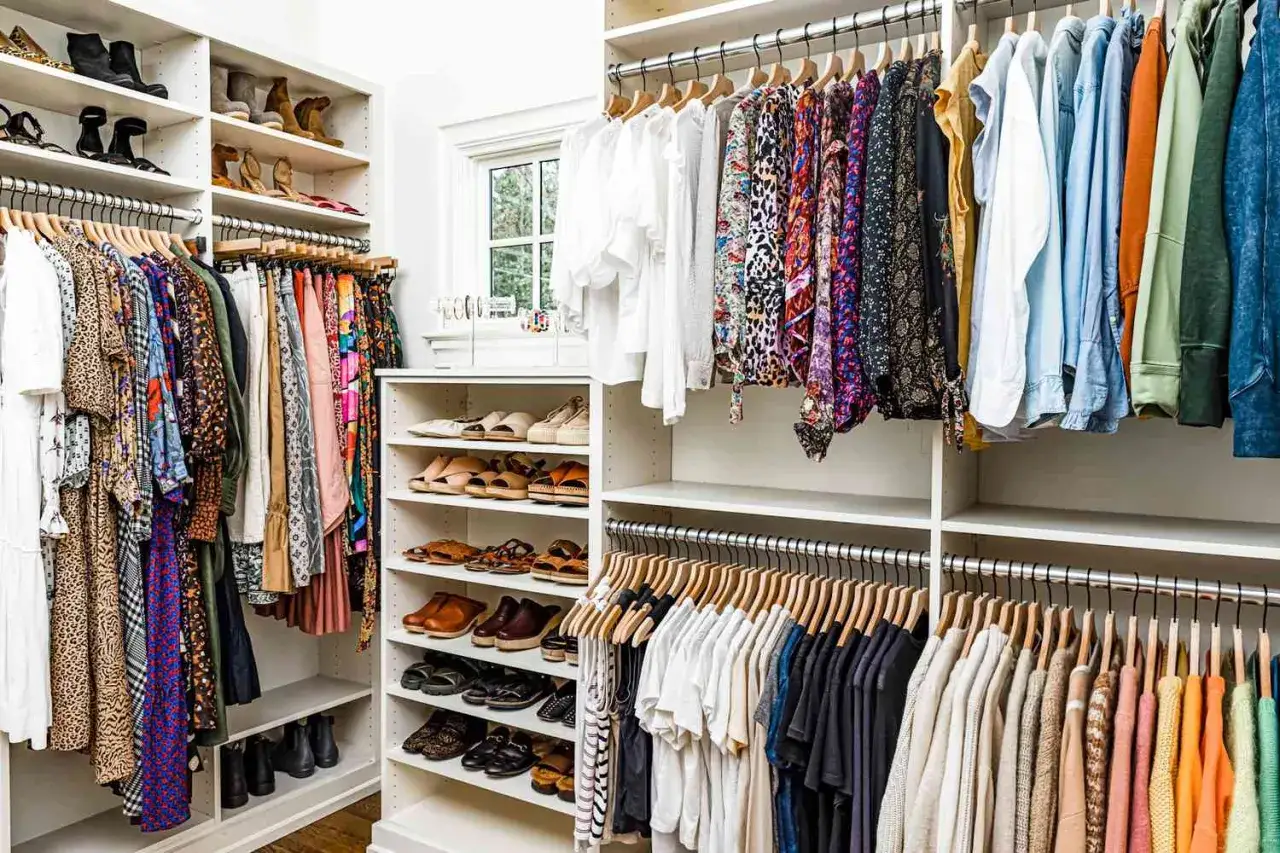 Armarios organizados con ropa y zapatos ordenados por color y tipo. Un ejemplo perfecto de cómo organizar armarios para tener todo a la vista.