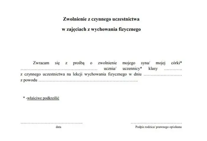 Uczeń zwolniony z WF na lekcji