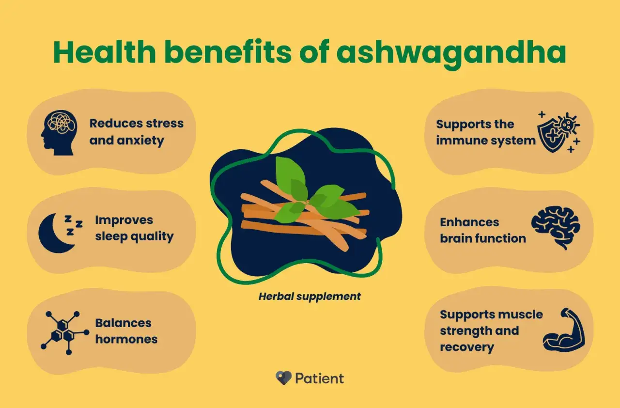 Infographie sur les bienfaits de l'ashwagandha : réduit le stress, améliore le sommeil, soutient le système immunitaire, etc. Avis positifs sur ce supplément.