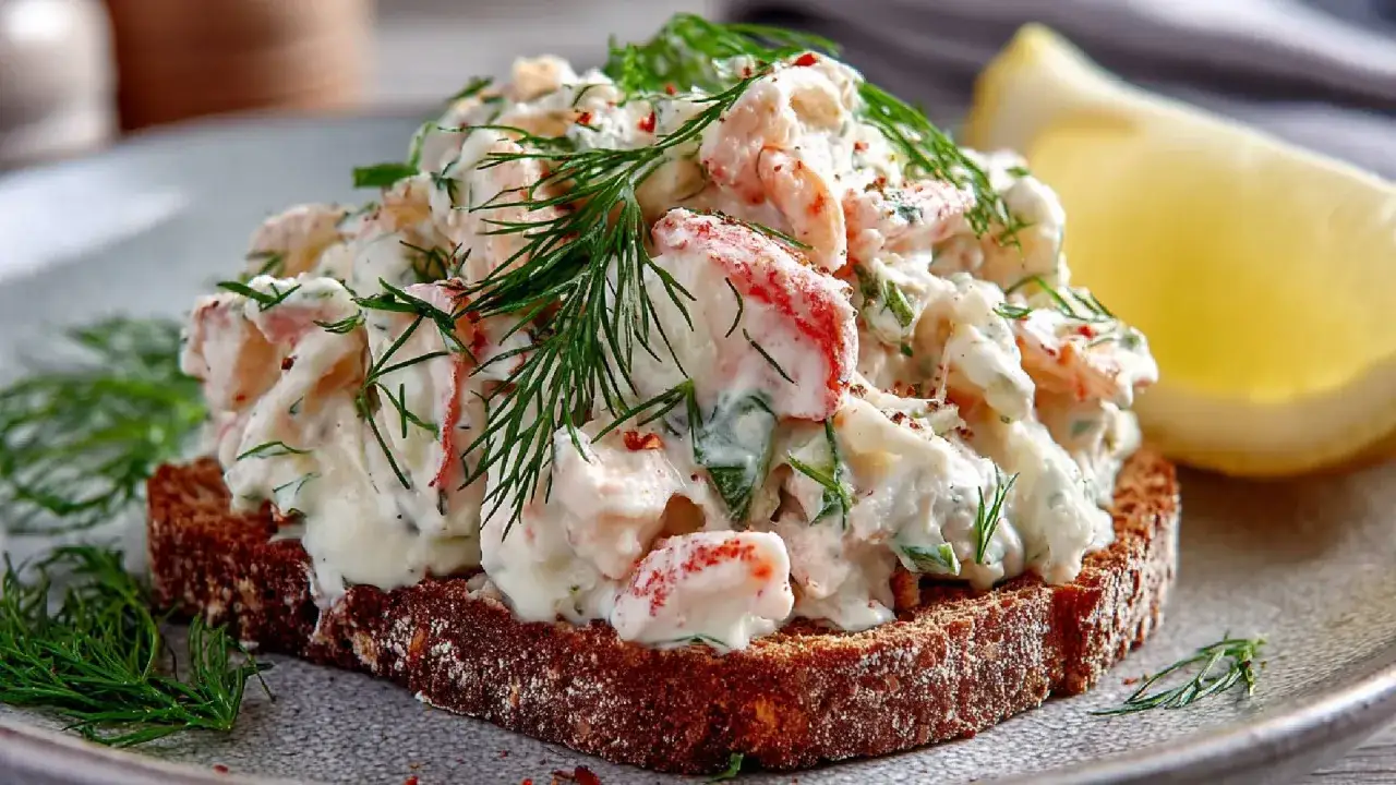 Ein k&ouml;stliches Krabbensalat-Rezept: Cremiger Krabbensalat mit Dill und Zitrone auf dunklem Brot, garniert mit frischem Dill.