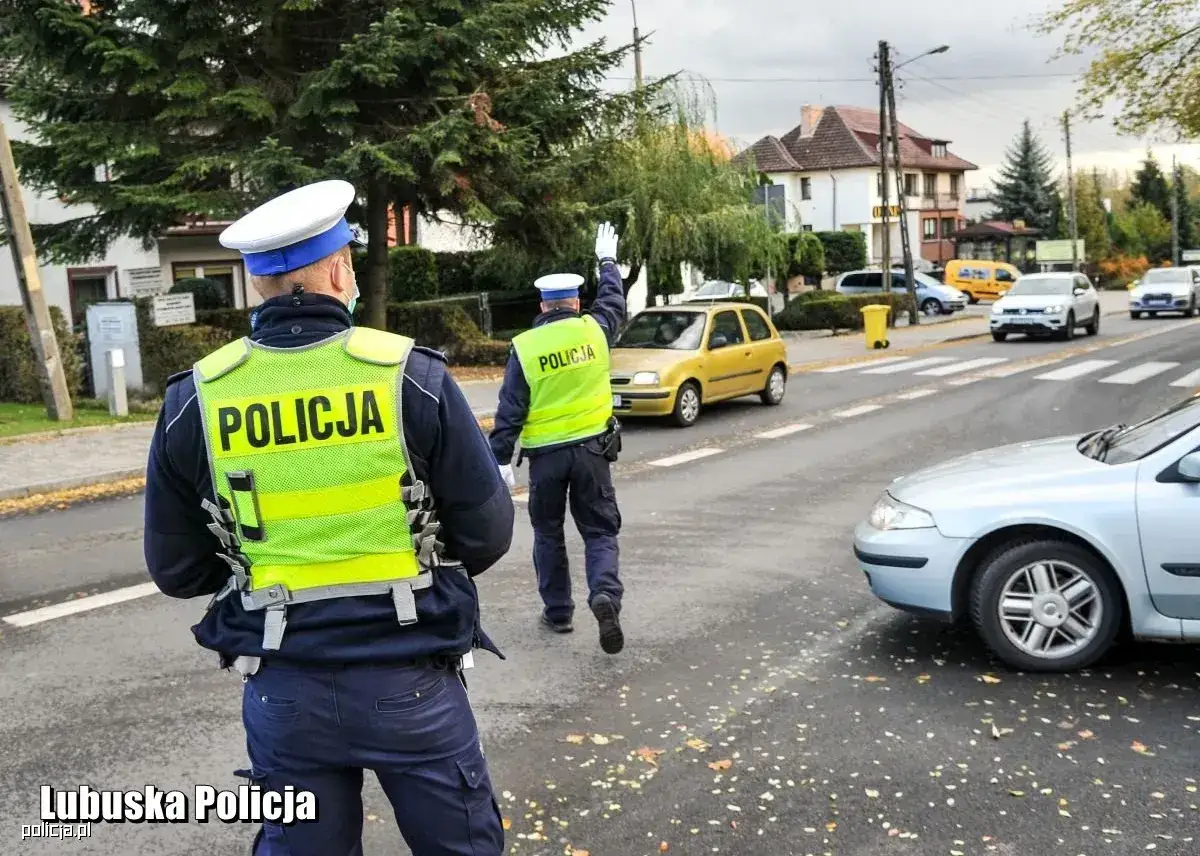 Policjanci kierują ruchem na skrzyżowaniu. Jeden z nich podnosi rękę, sygnalizując zatrzymanie pojazd&oacute;w. Akcja ma na celu zapobieganie niebezpiecznym sytuacjom i potencjalnemu przepadek mienia.