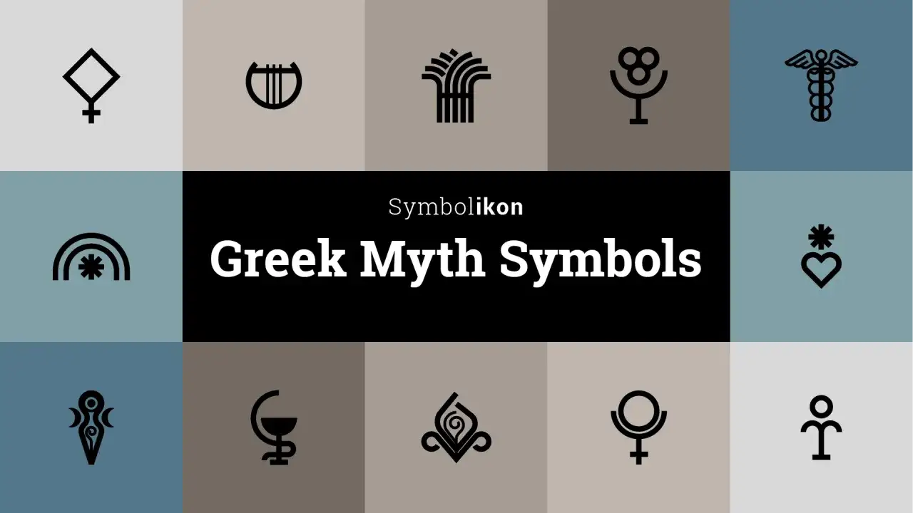Collection de symboles grecs, dont un symbole nature représentant un arc-en-ciel avec une étoile.