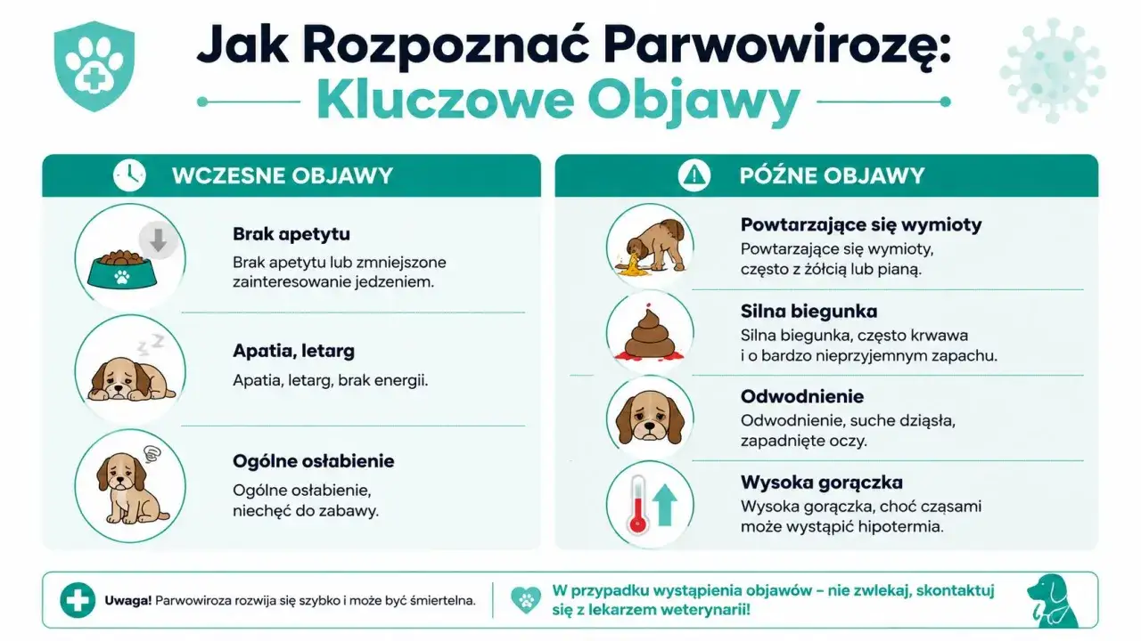 Objawy parwowirozy u szczeniaka: brak apetytu, apatia, wymioty, biegunka, odwodnienie, gorączka. Szybka reakcja jest kluczowa.