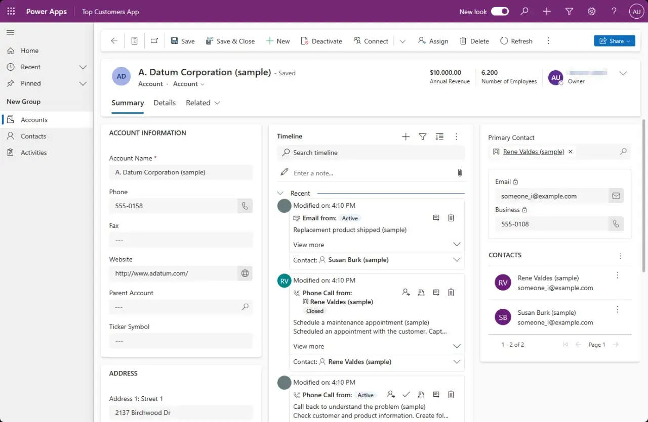 Interface d'une application Power Apps affichant les d&eacute;tails d'un compte client, avec des informations sur les contacts et les activit&eacute;s r&eacute;centes.