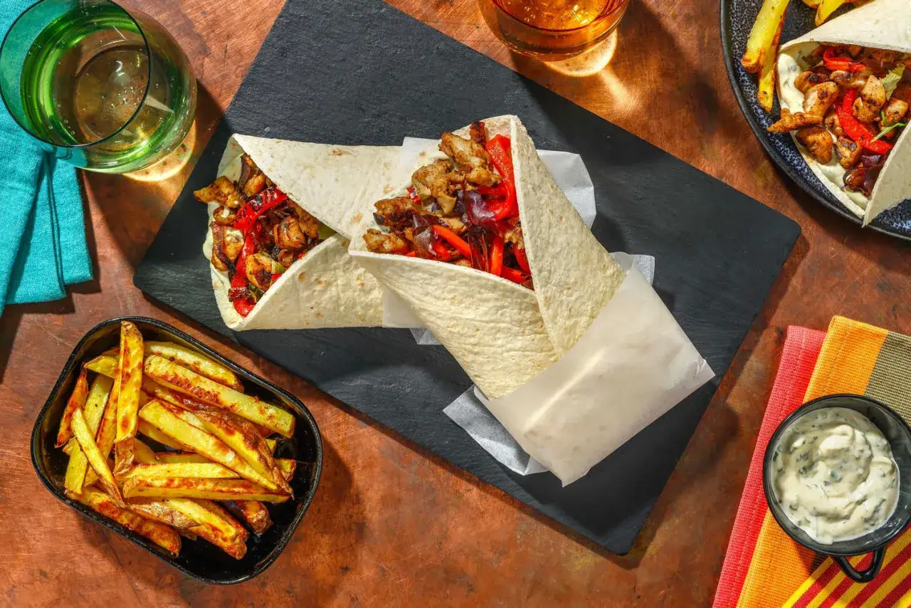 Deux wraps poulet poivron savoureux, accompagnés de frites croustillantes et d'une sauce crémeuse.