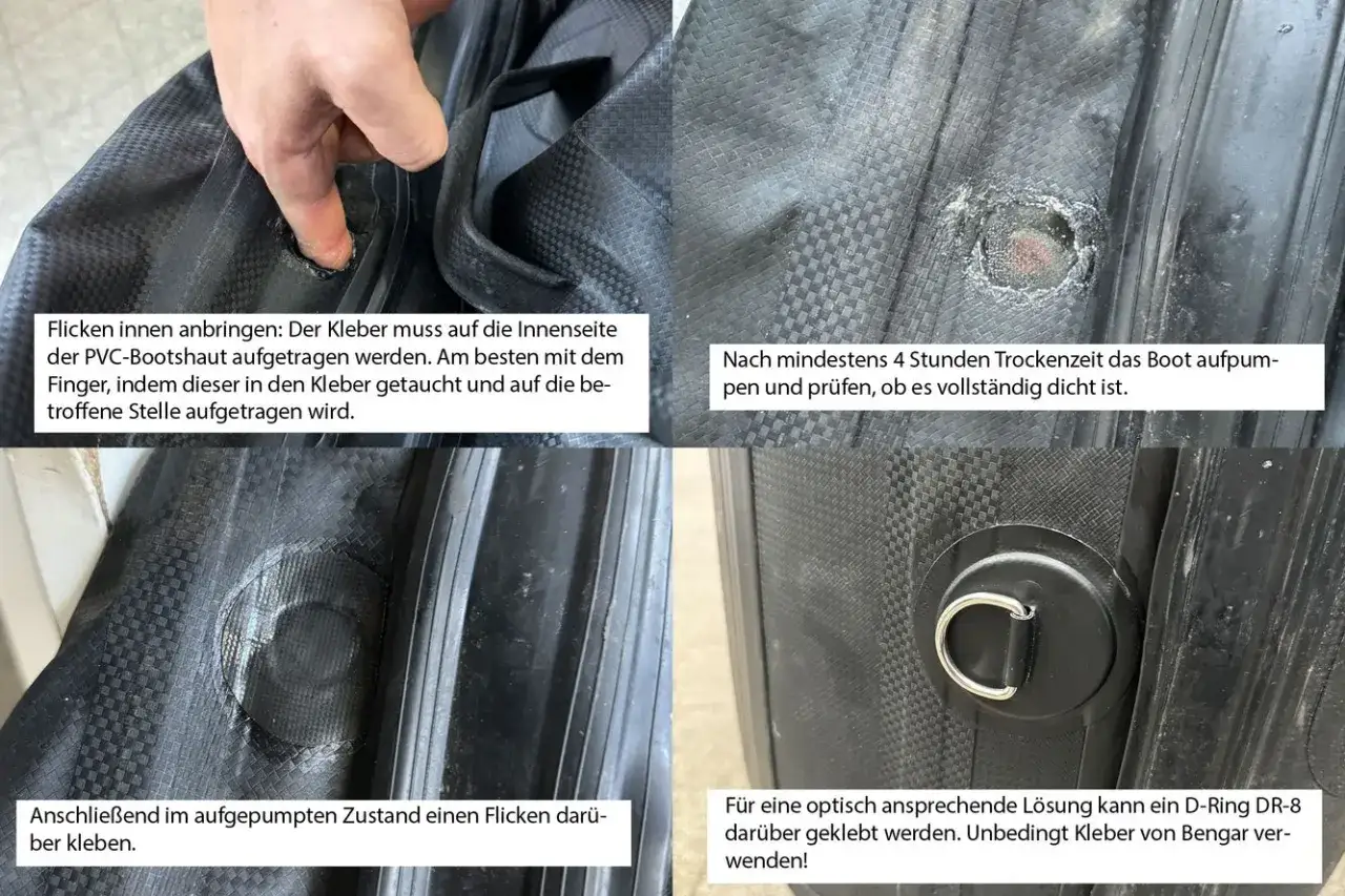 Schlauchboot flicken: Kleber innen auftragen, trocknen lassen, dann Flicken aufkleben. D-Ring für optische Aufwertung.