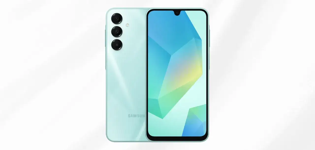 Jasny, turkusowy Samsung A16 5G z potrójnym aparatem z tyłu i ekranem z geometrycznym wzorem.