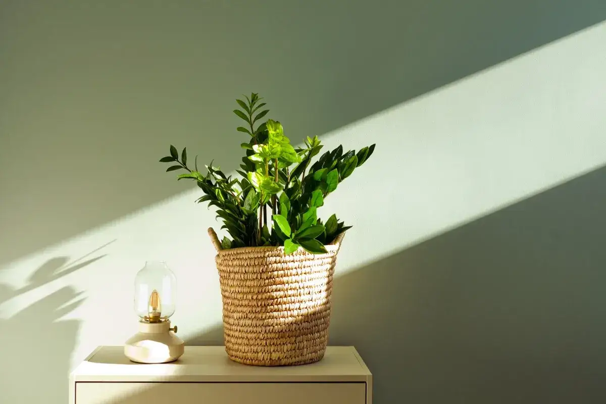 Zamioculcas in un cesto di paglia, illuminato da un raggio di sole. La sua cura è semplice, perfetta per chi ama il verde senza troppi sforzi.