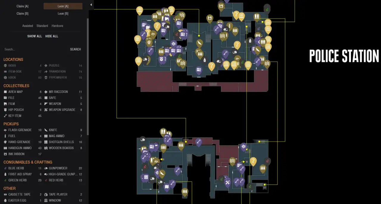 Mapa posterunkowa z Resident Evil 2. Poradnik pokazuje lokalizacje przedmiotów, zagadek i sekretów.