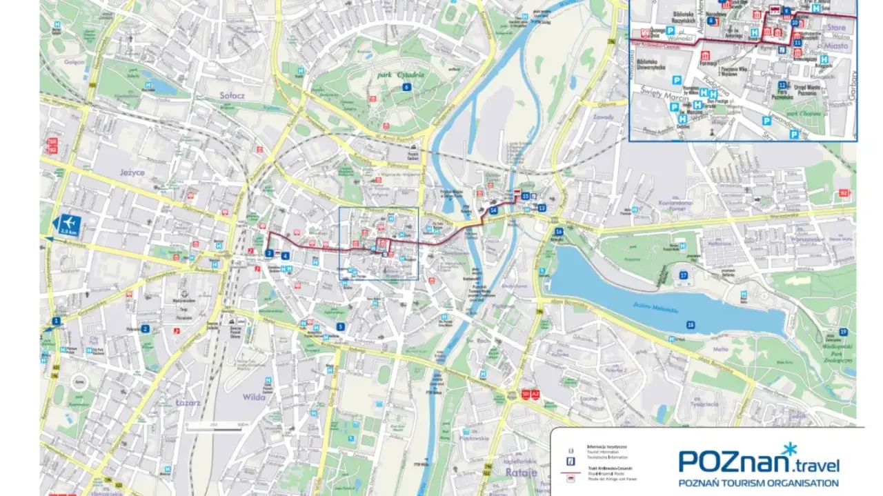 Mapa Poznania z zaznaczoną trasą spacerową. Widoczne są główne ulice, parki, jezioro Maltańskie i centrum miasta.