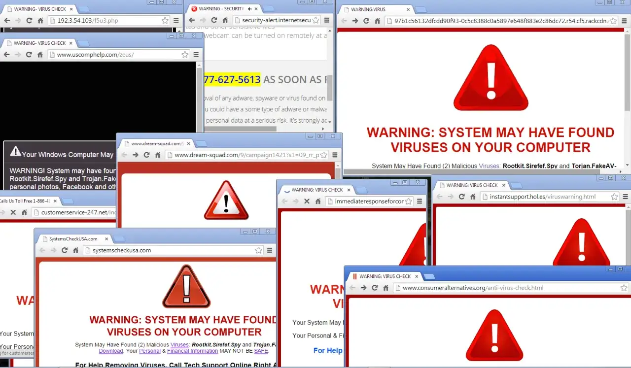 Wiele okien przeglądarki wyświetla ostrzeżenia o wirusach, sugerując definicję adware i potencjalne zagrożenia dla danych.