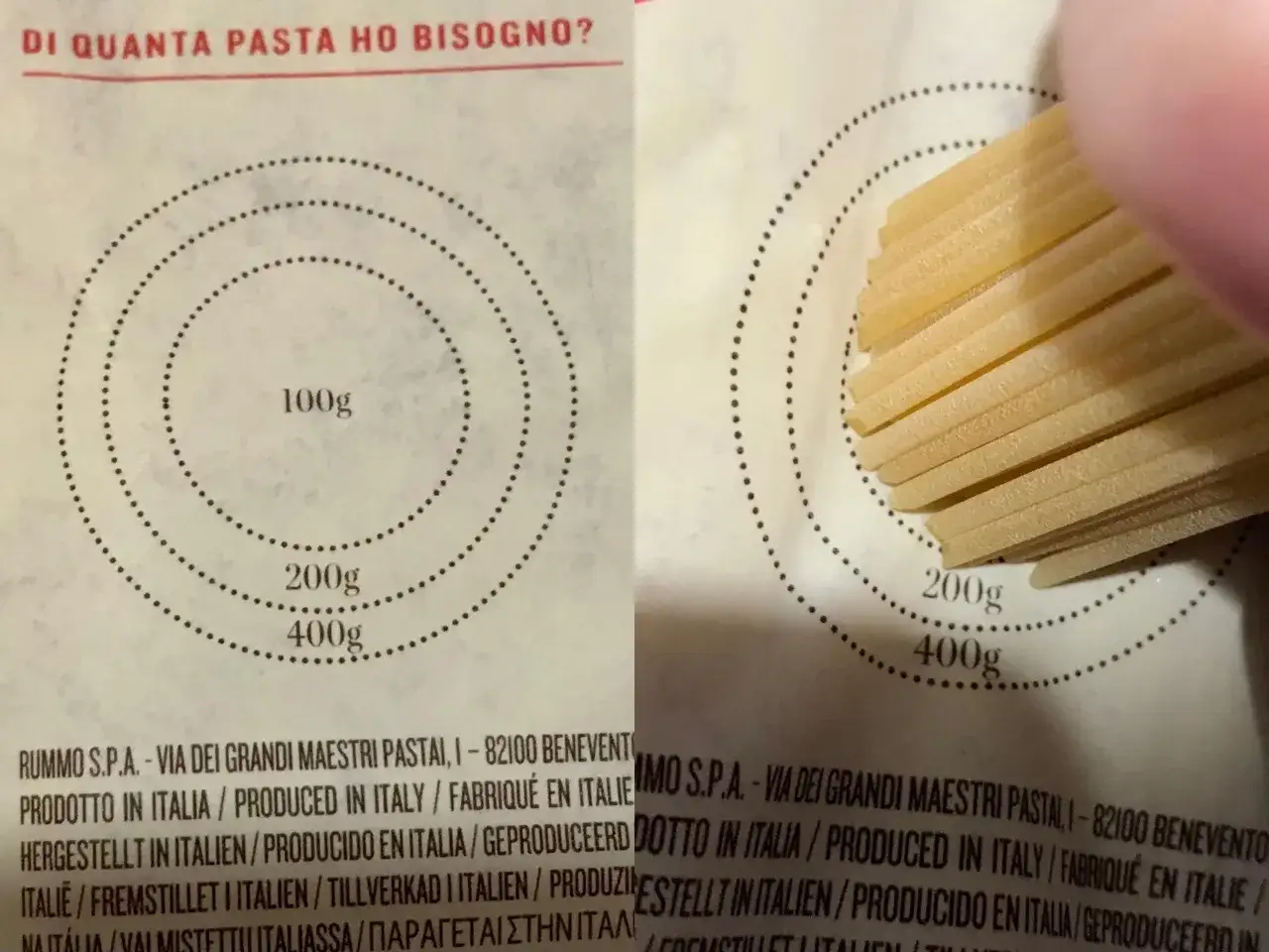 Hilfe bei der Portionsgr&ouml;&szlig;e: wieviel pasta pro person hauptgericht? Die Anleitung zeigt 100g, 200g und 400g.
