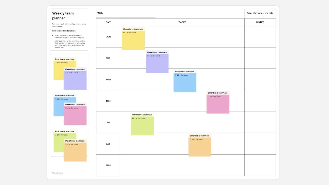 Un planner settimanale per team con post-it colorati per assegnare compiti e menzionare colleghi, facilitando la pianificazione.