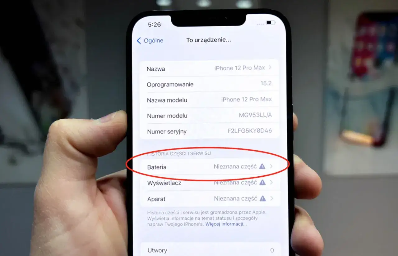 Komunikat nieznana część iPhone bateria